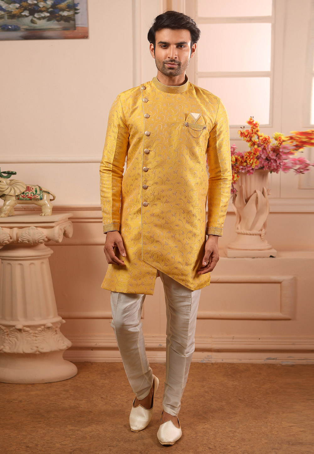Yellow Jacquard Readymade Indo Western Suit 186698