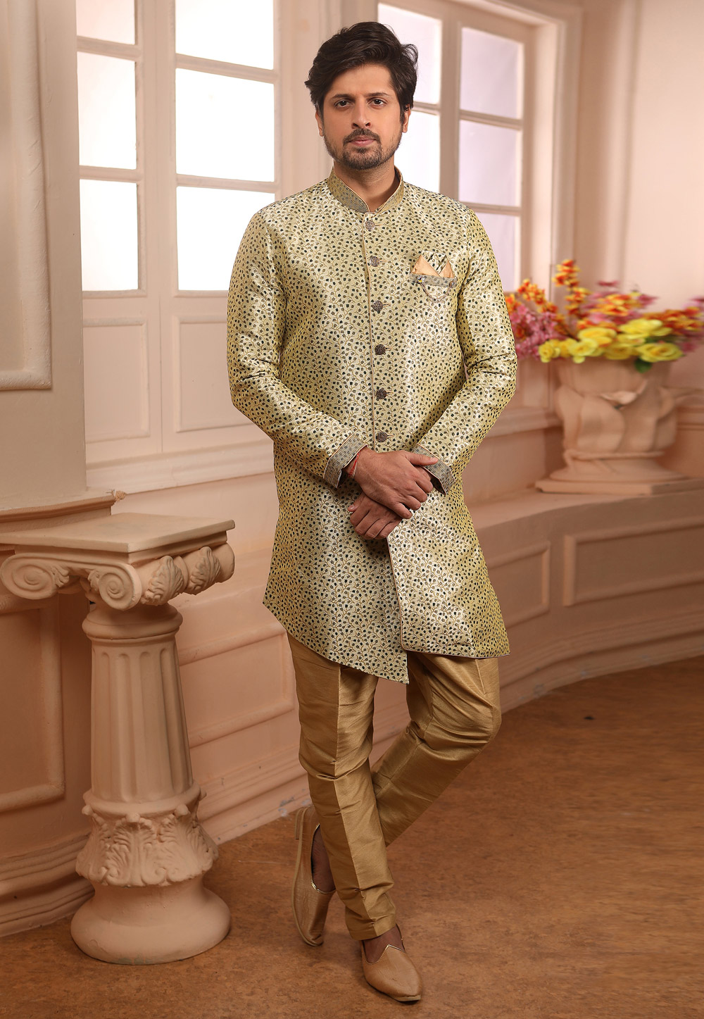 Cream Jacquard Readymade Indo Western Suit 186700