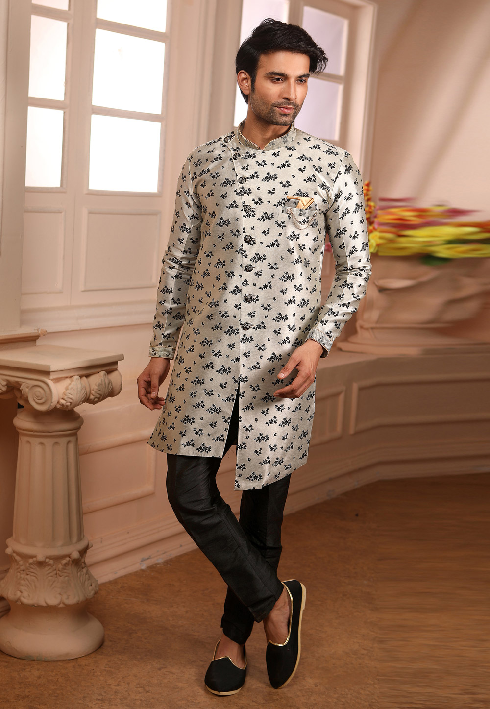 Grey Banarasi Silk Readymade Indo Western Suit 186701