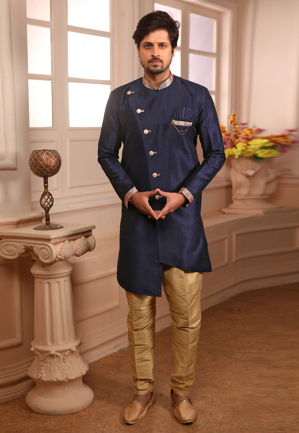 Navy Blue Banarasi Silk Readymade Indo Western Suit 186703