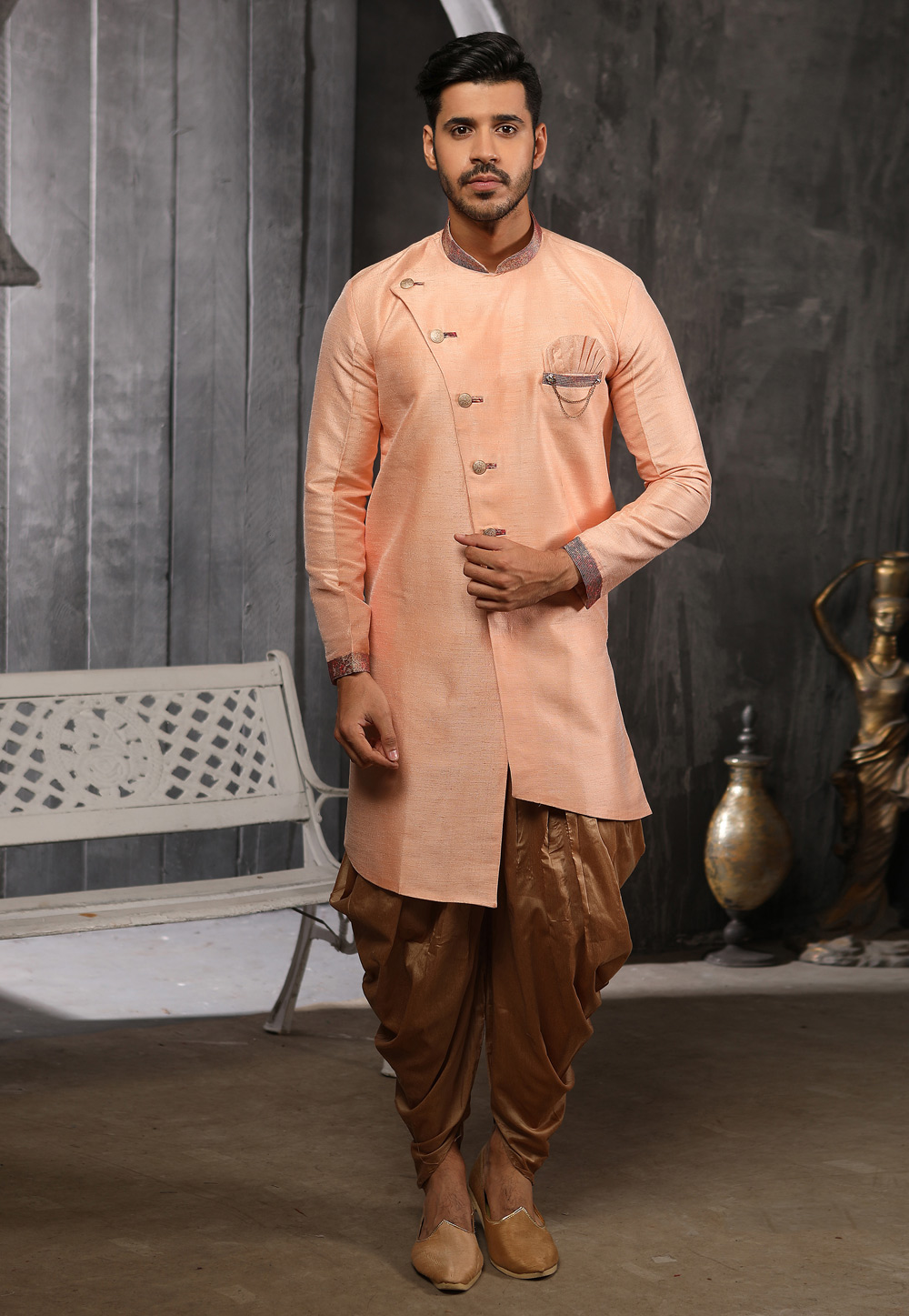Peach Banarasi Silk Readymade Indo Western Suit 186704