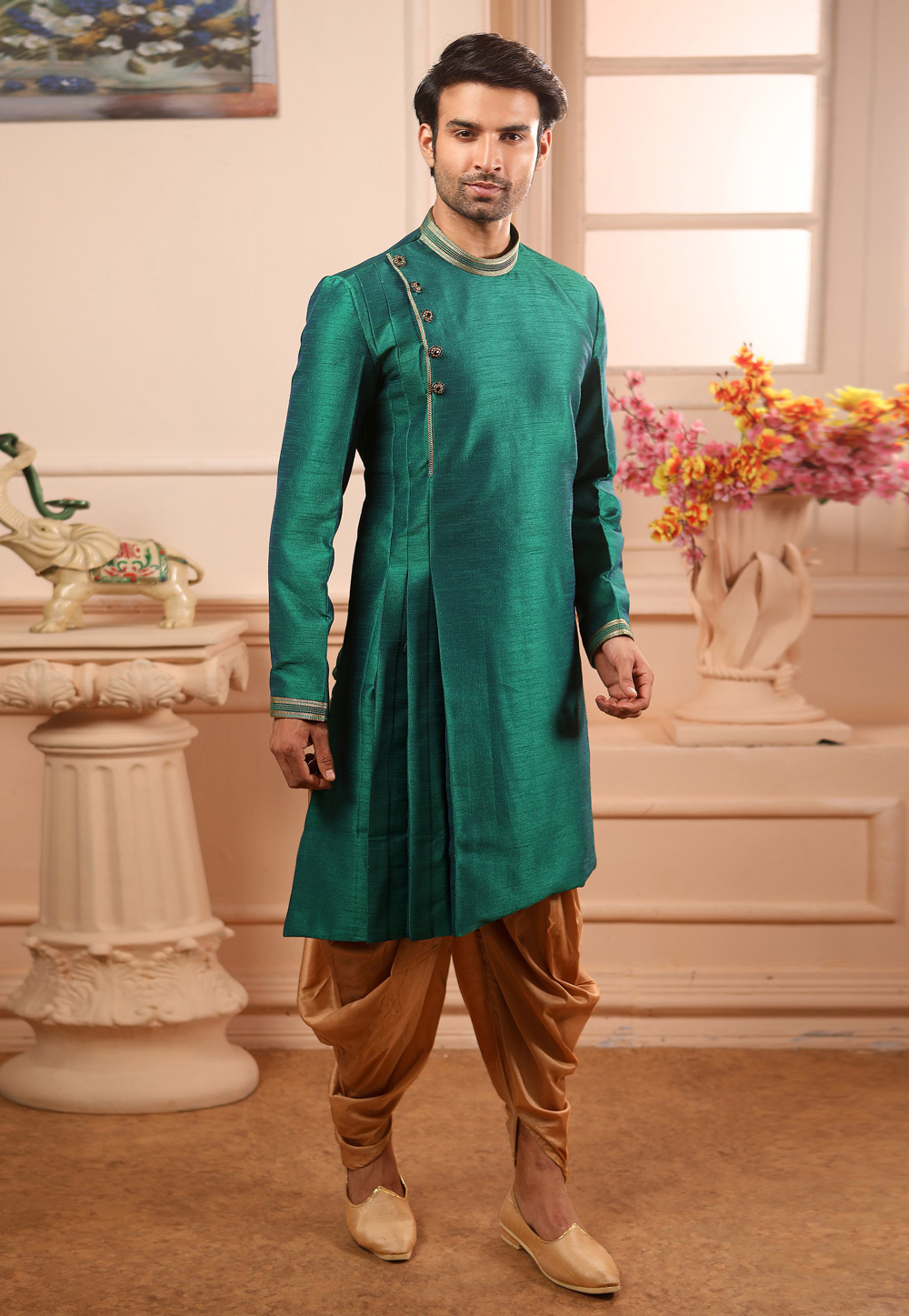 Green Banarasi Silk Readymade Indo Western Suit 186705