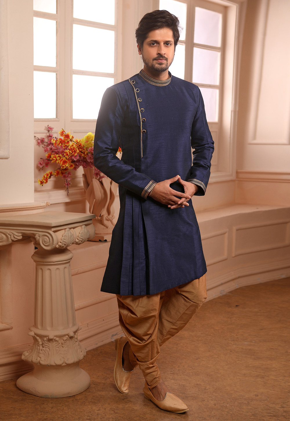 Navy Blue Banarasi Silk Readymade Indo Western Suit 186706