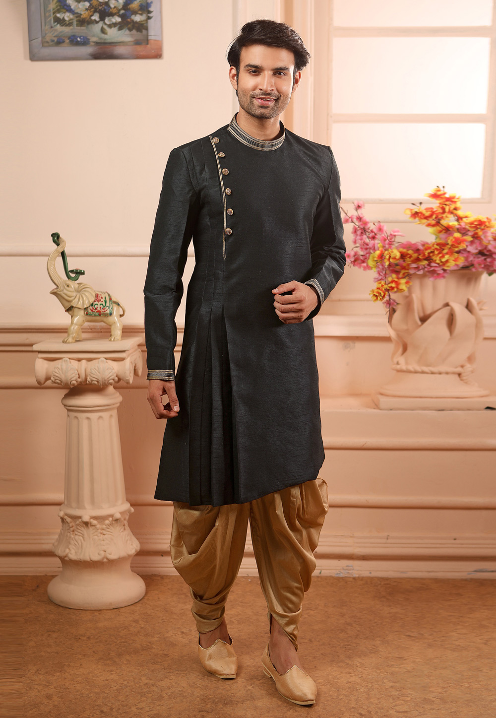 Black Banarasi Silk Readymade Indo Western Suit 186707