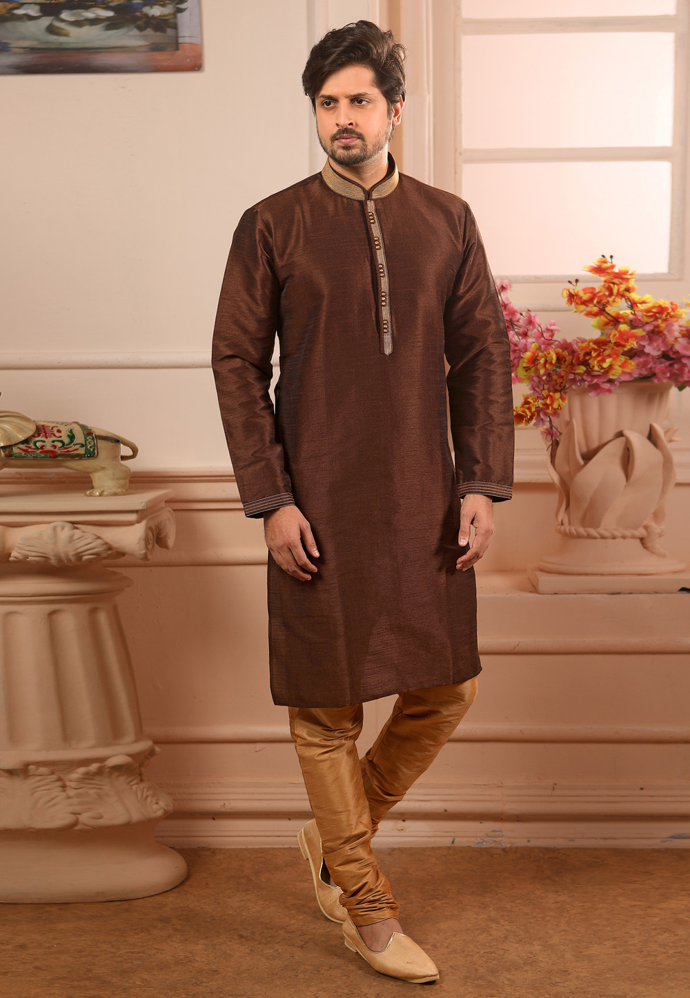 Brown Banarasi Silk Readymade Kurta Pajama 186711