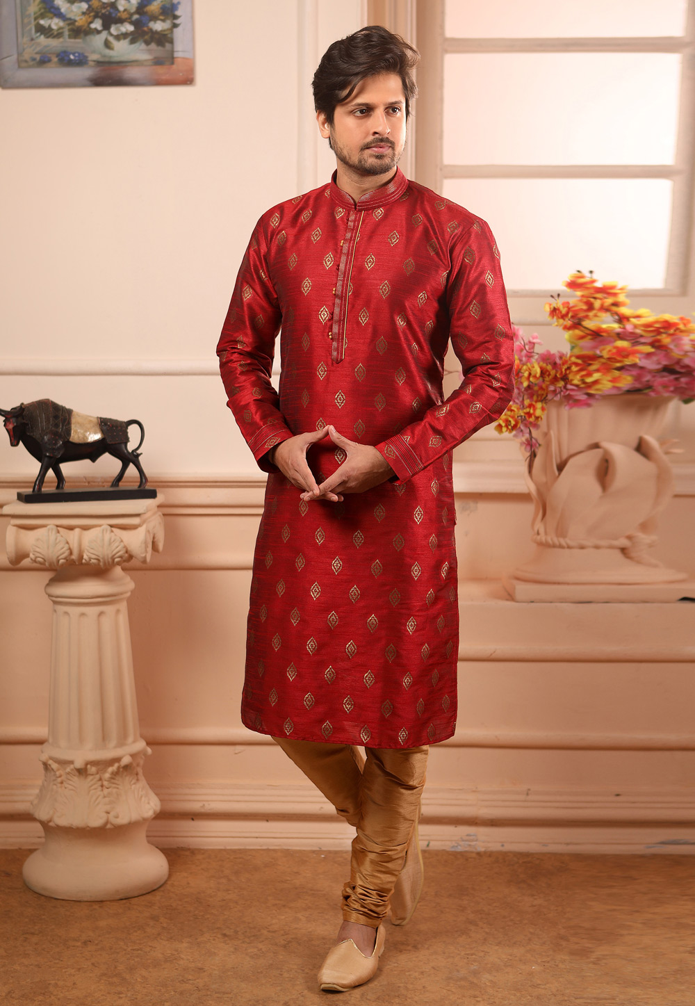 Red Jacquard Readymade Kurta Pajama 186743