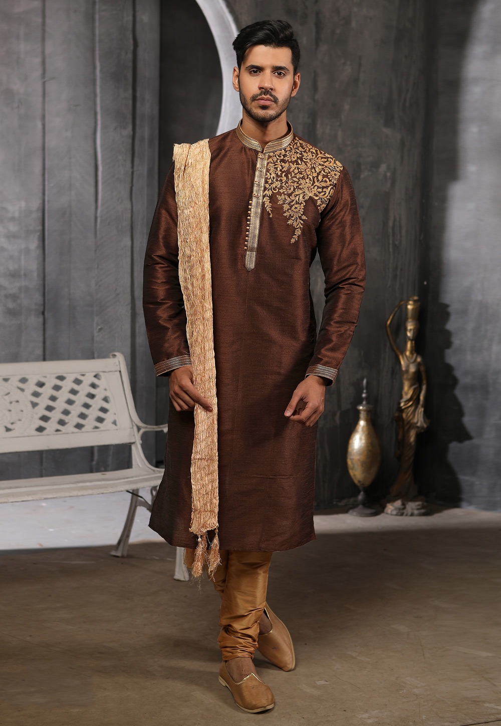 Brown Banarasi Silk Readymade Kurta Pajama 186752