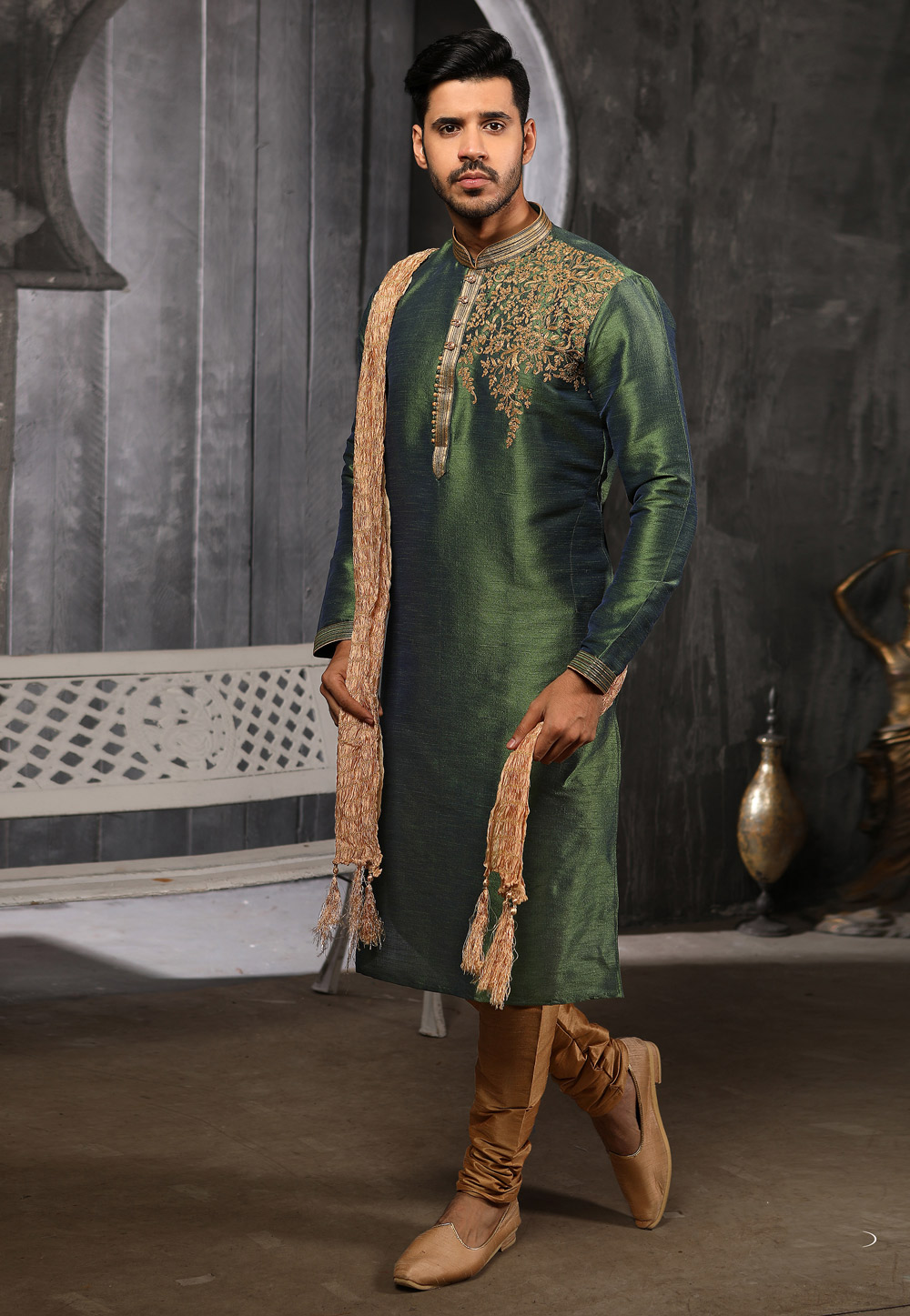 Green Banarasi Silk Readymade Kurta Pajama 186753