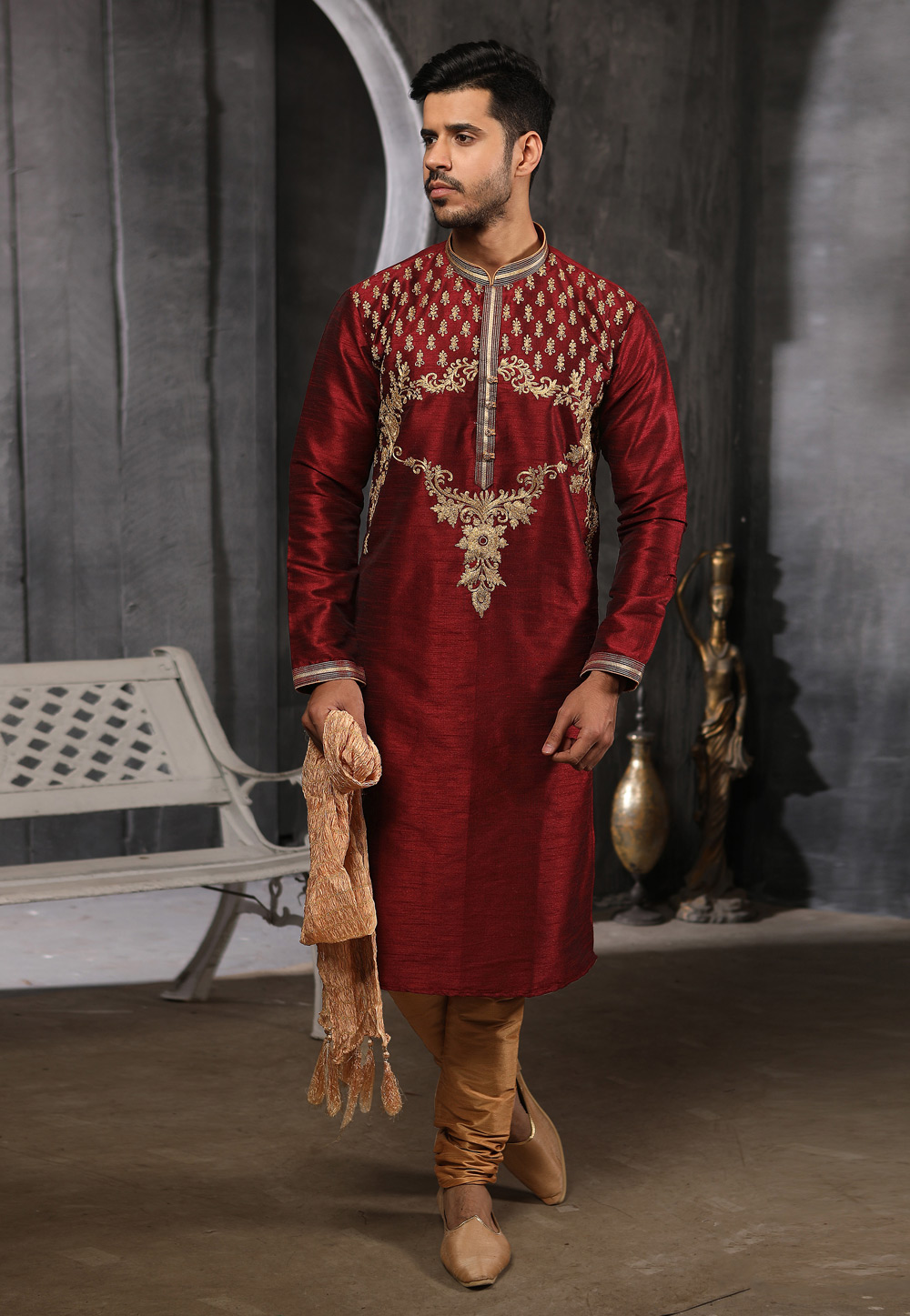 Maroon Banarasi Silk Readymade Kurta Pajama 186757