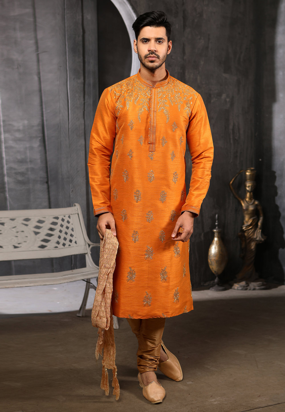Orange Banarasi Silk Readymade Kurta Pajama 186759
