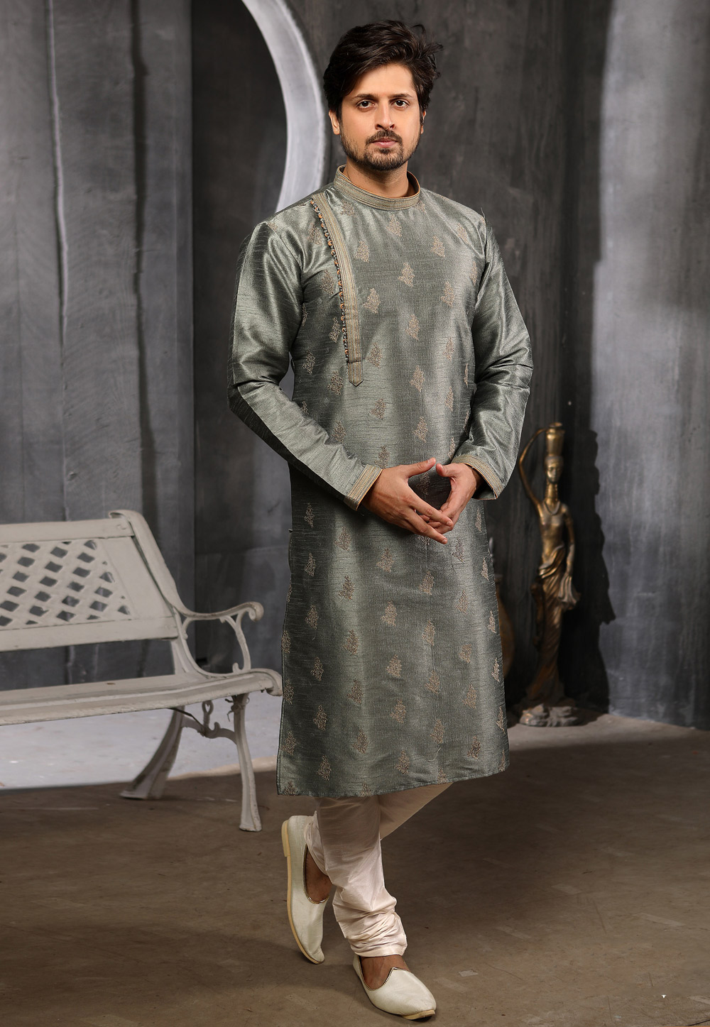 Grey Banarasi Silk Readymade Kurta Pajama 186761