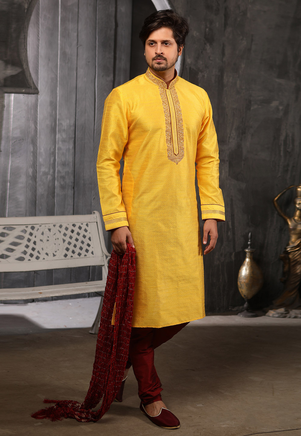 Yellow Jacquard Readymade Kurta Pajama 186767