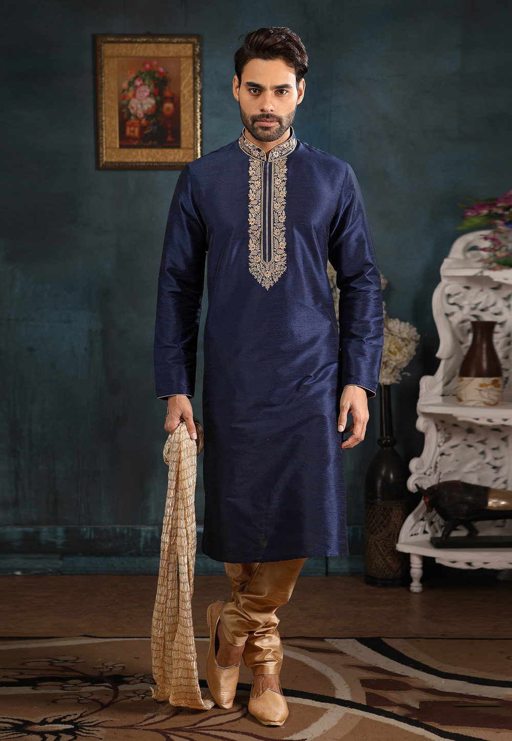 Navy Blue Banarasi Silk Readymade Kurta Pajama 186771