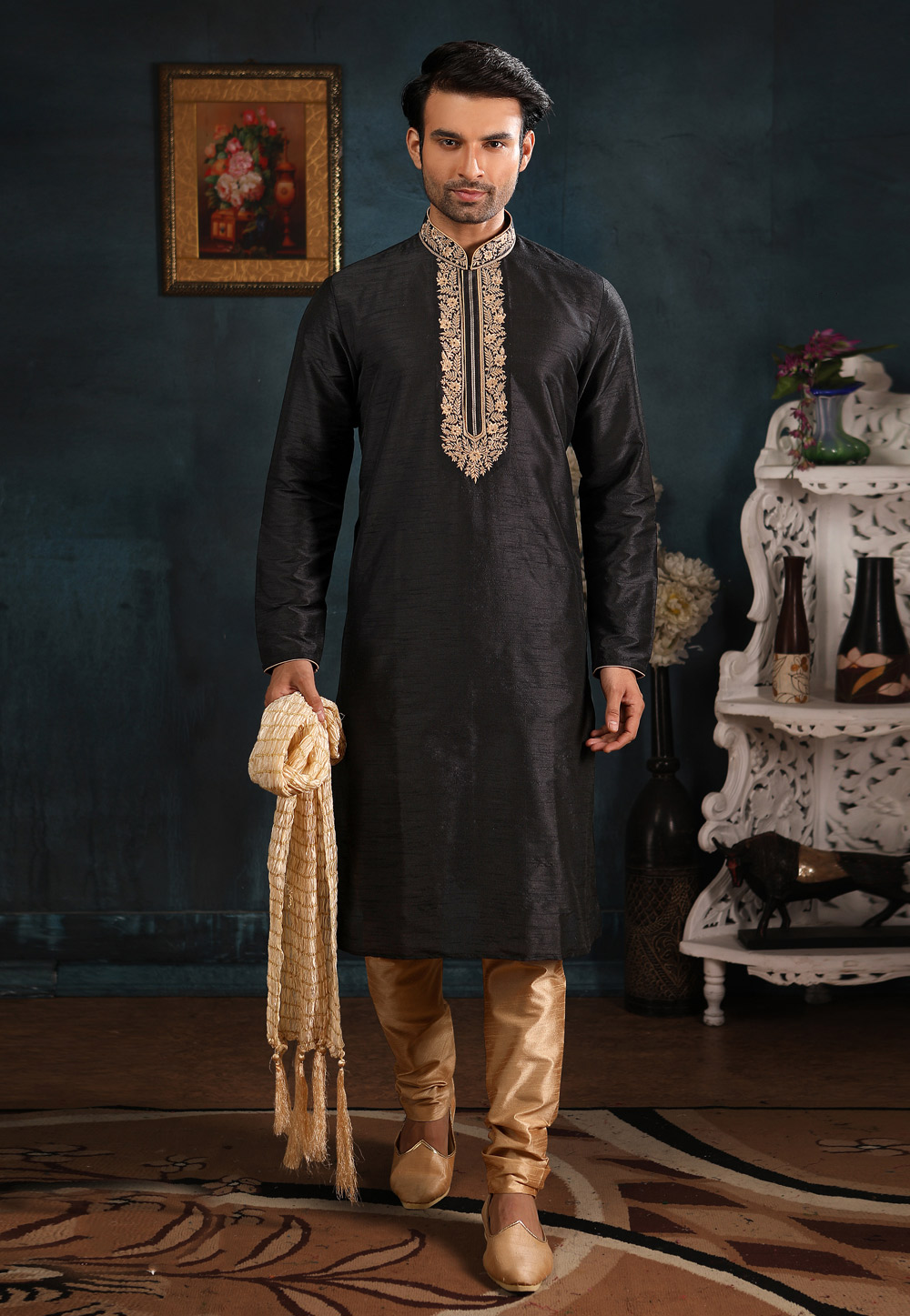 Black Banarasi Silk Readymade Kurta Pajama 186772