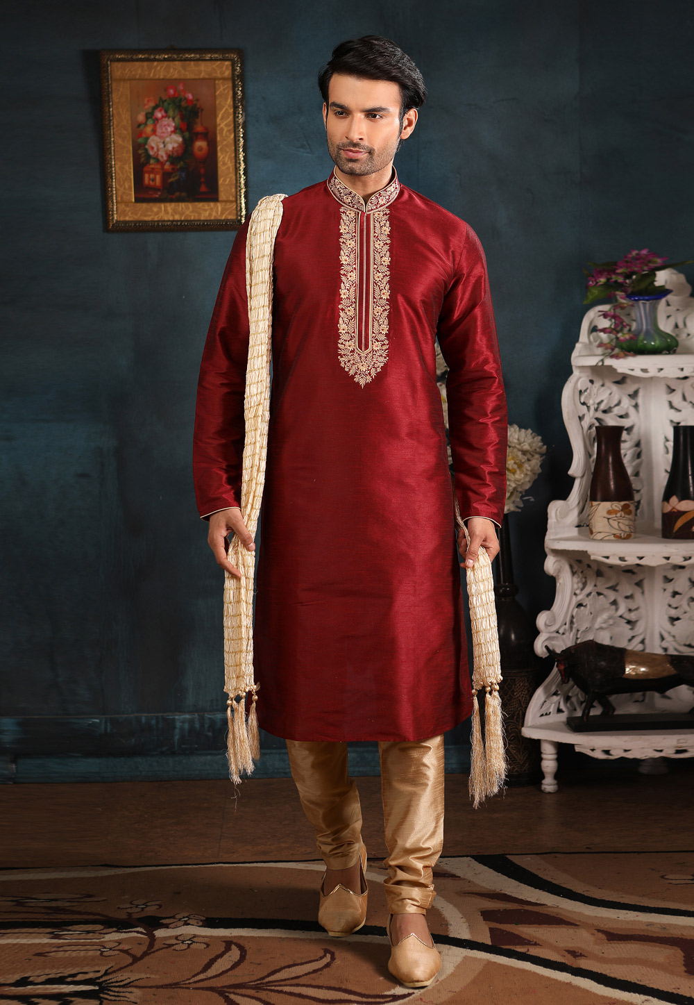 Maroon Banarasi Silk Readymade Kurta Pajama 186773
