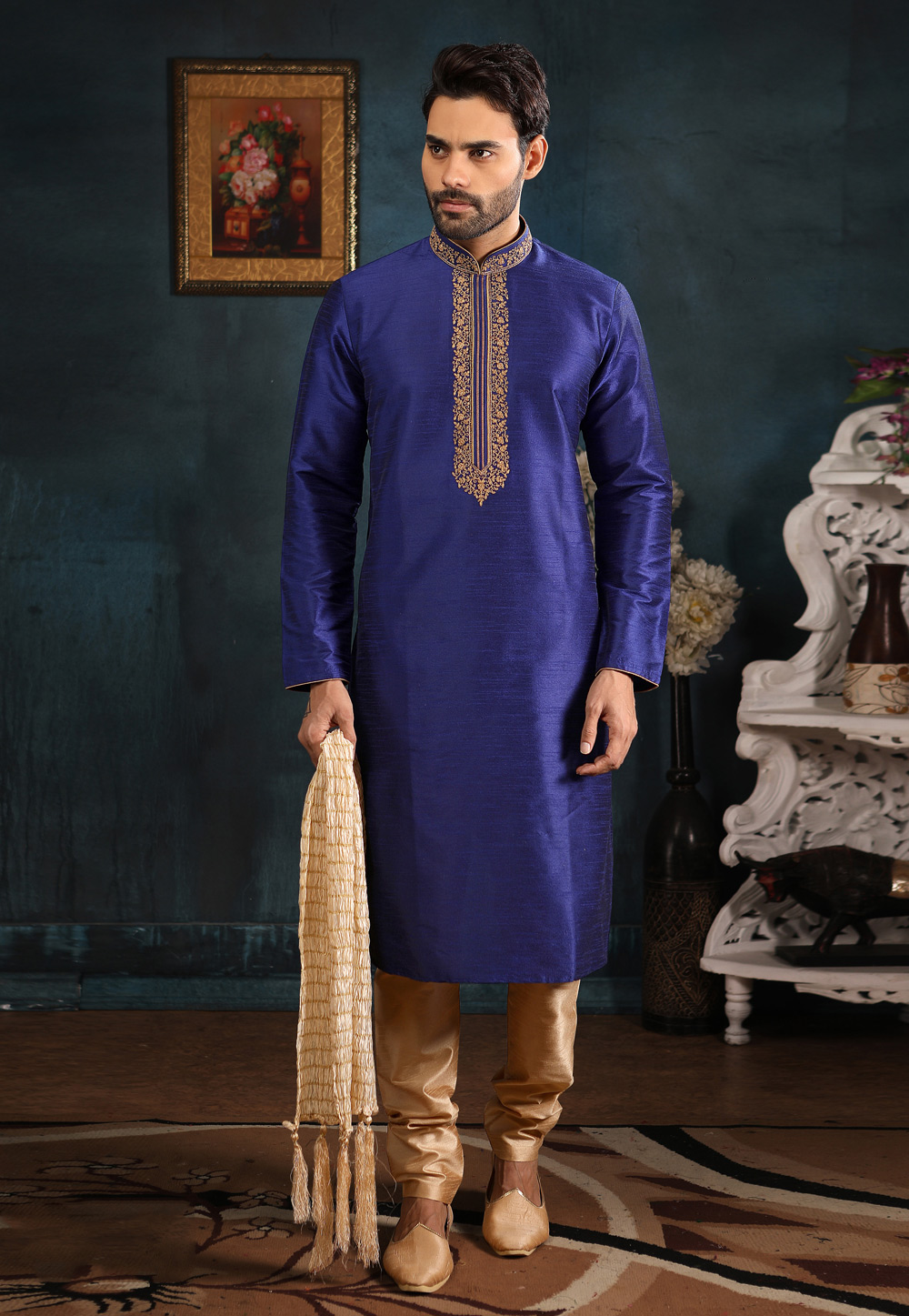 Blue Banarasi Silk Readymade Kurta Pajama 186774
