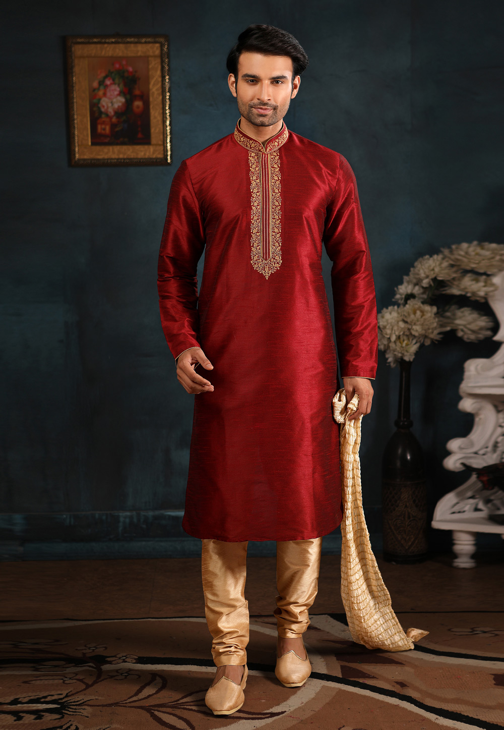 Maroon Banarasi Silk Readymade Kurta Pajama 186775