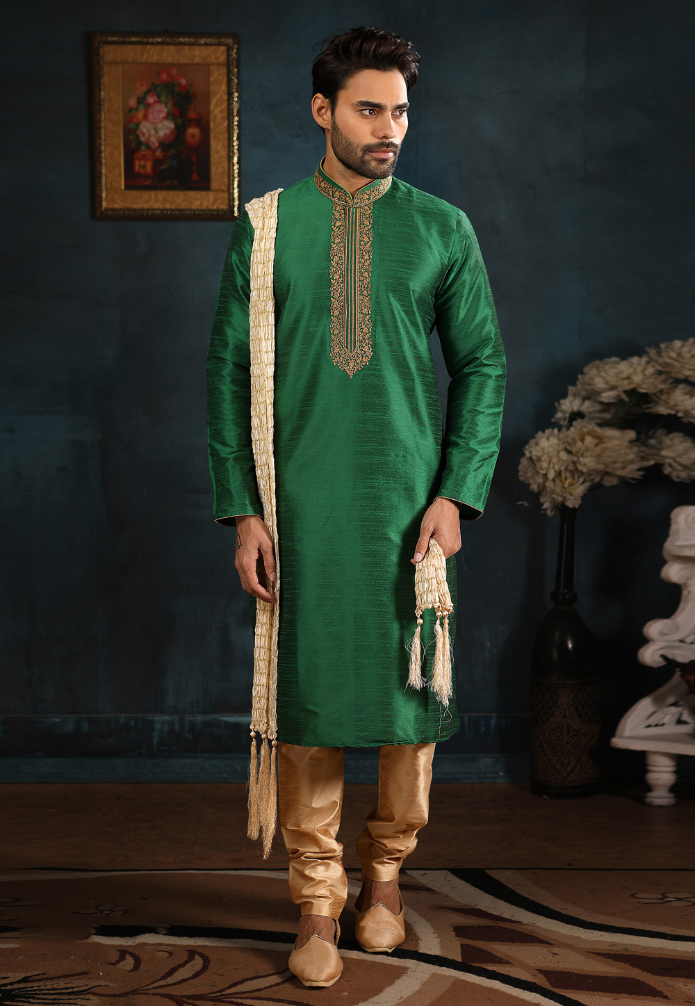 Green Banarasi Silk Readymade Kurta Pajama 186776