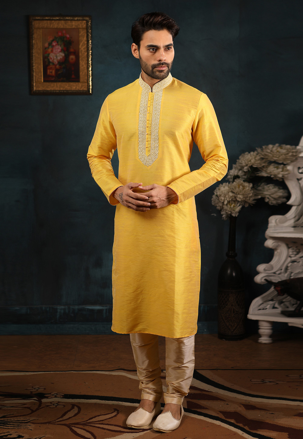 Yellow Banarasi Silk Readymade Kurta Pajama 186570