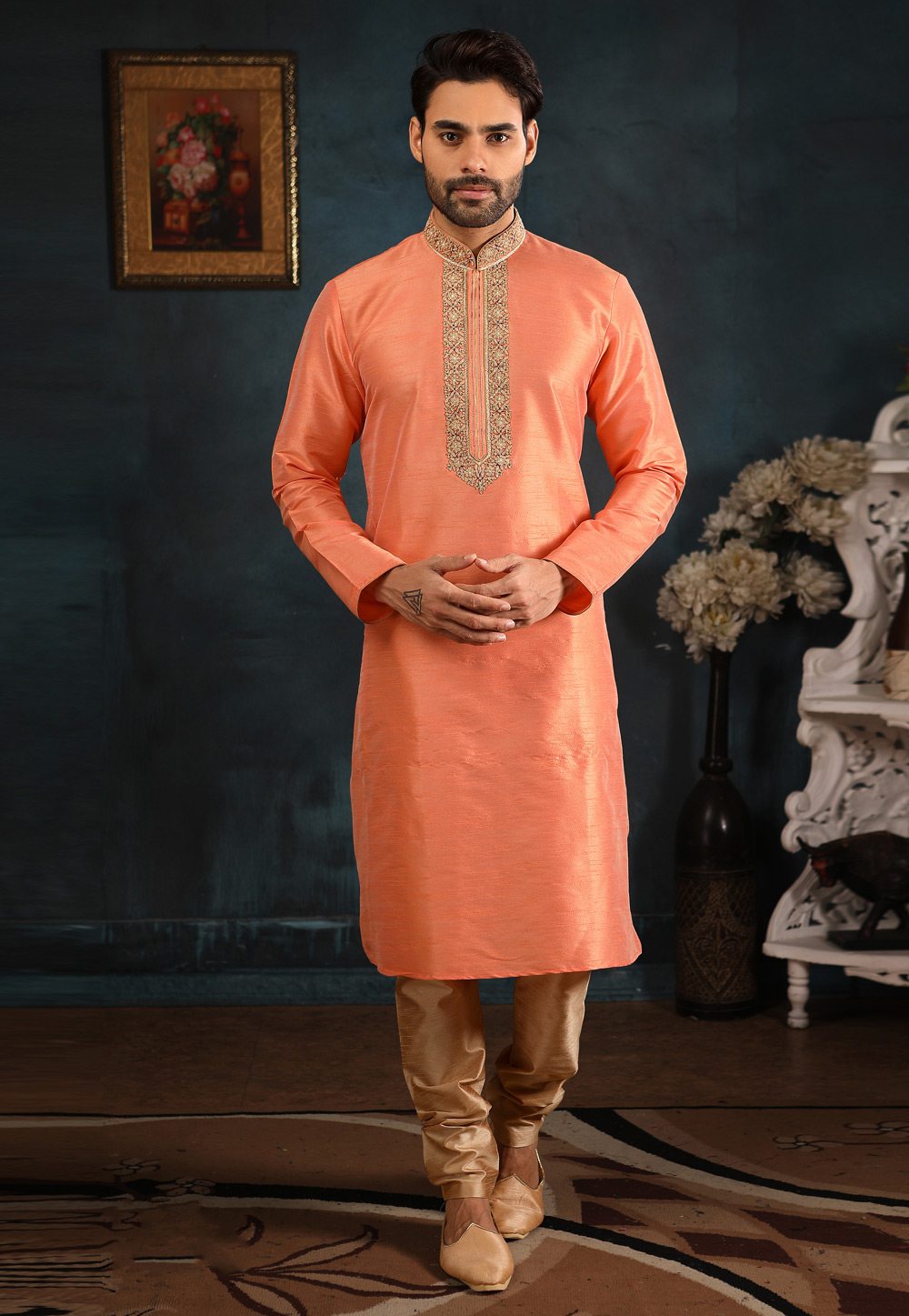 Peach Banarasi Silk Readymade Kurta Pajama 186573