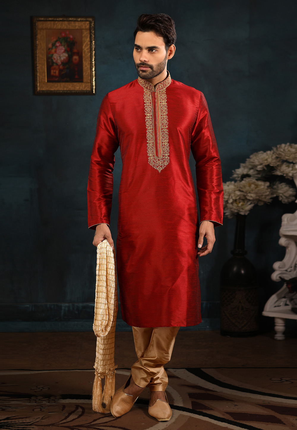 Maroon Banarasi Silk Readymade Kurta Pajama 186577