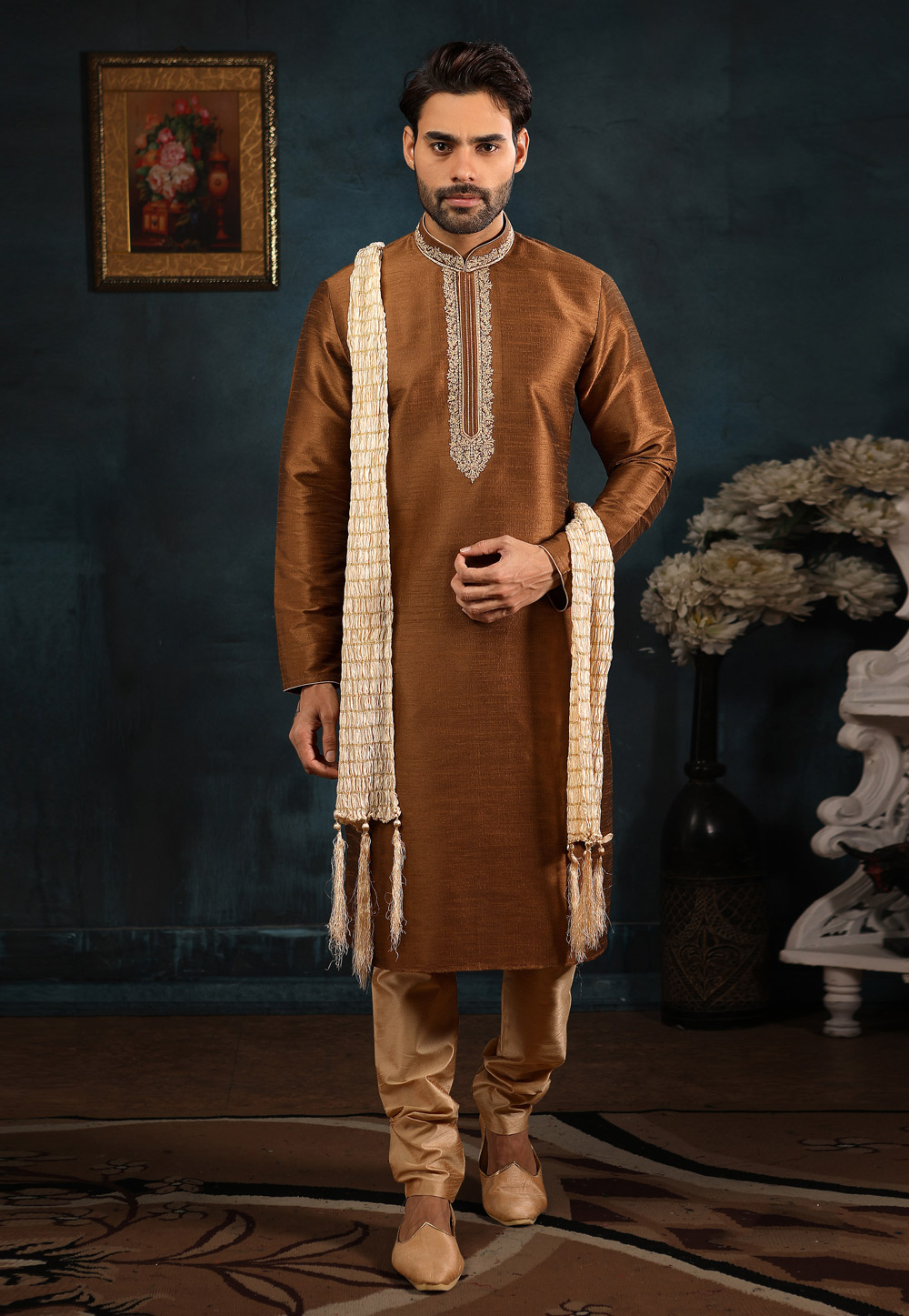 Brown Banarasi Silk Readymade Kurta Pajama 186578