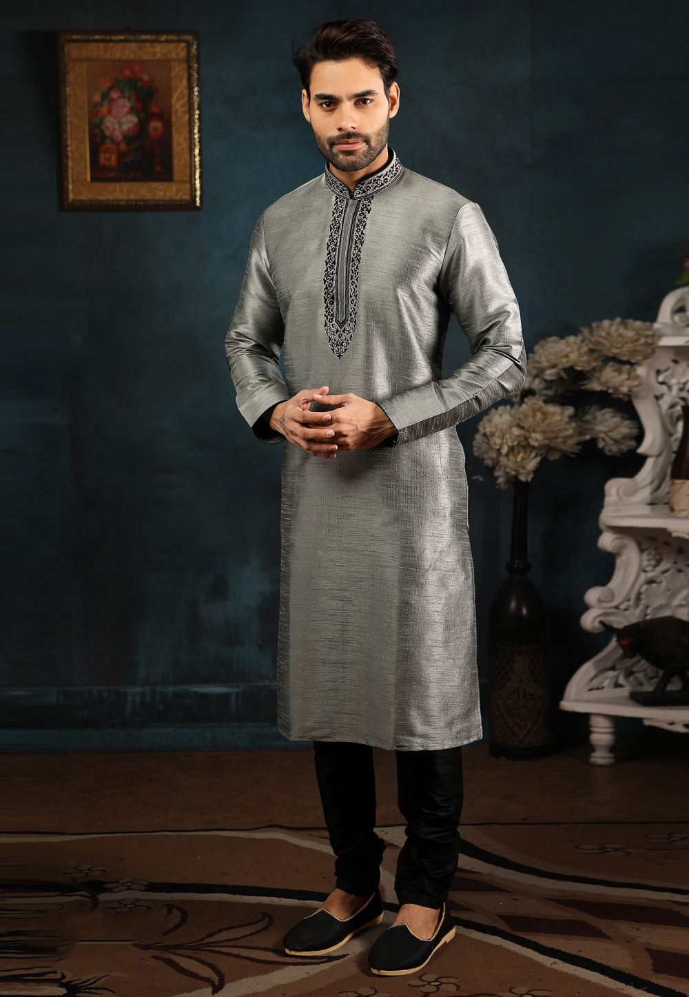 Grey Banarasi Silk Readymade Kurta Pajama 186579