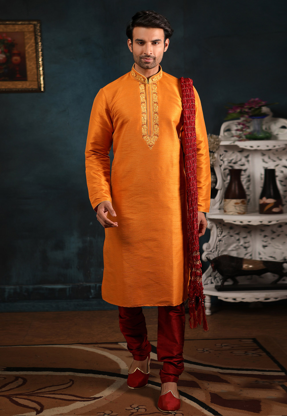Orange Banarasi Silk Readymade Kurta Pajama 186580