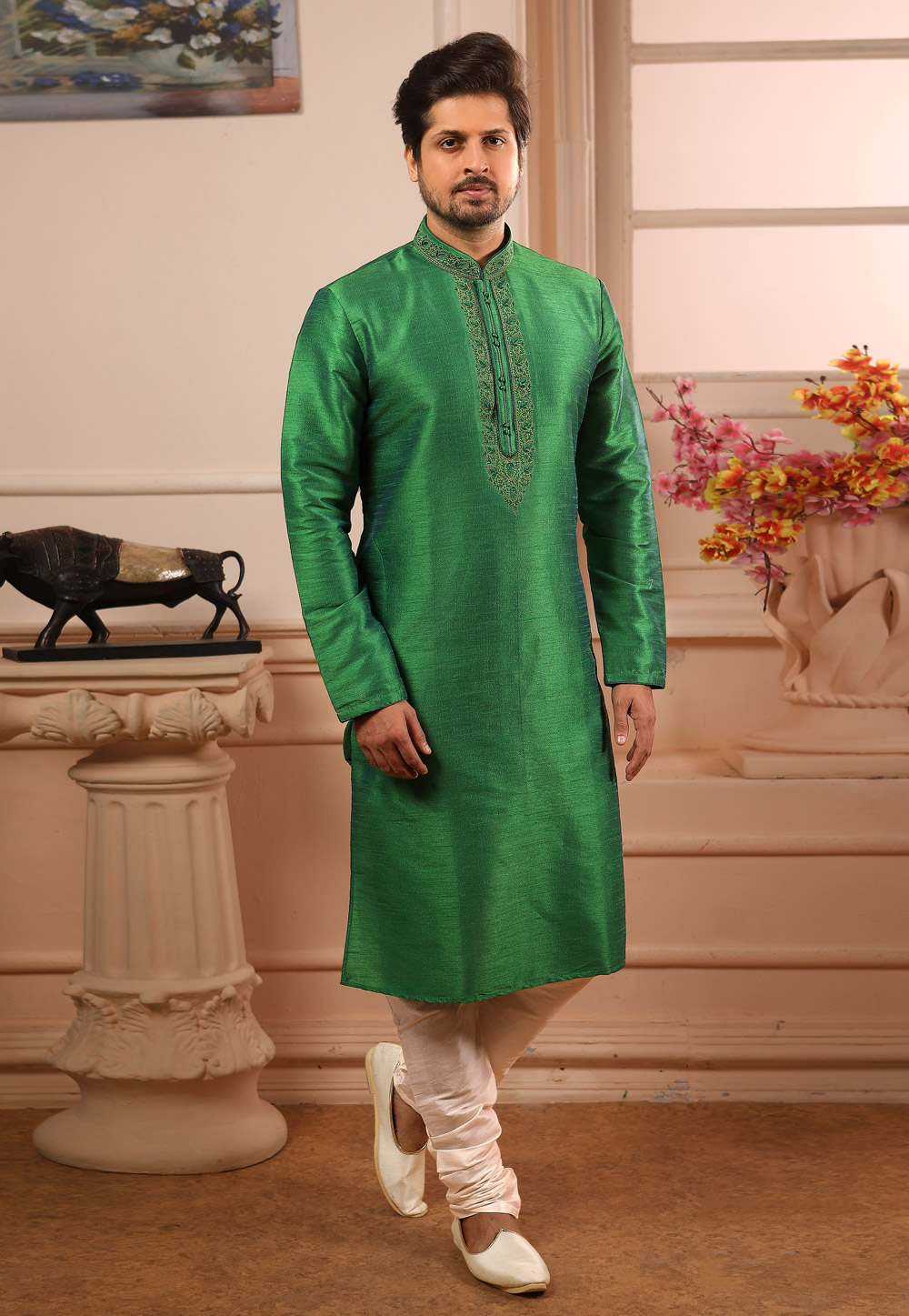 Green Banarasi Silk Readymade Kurta Pajama 186582
