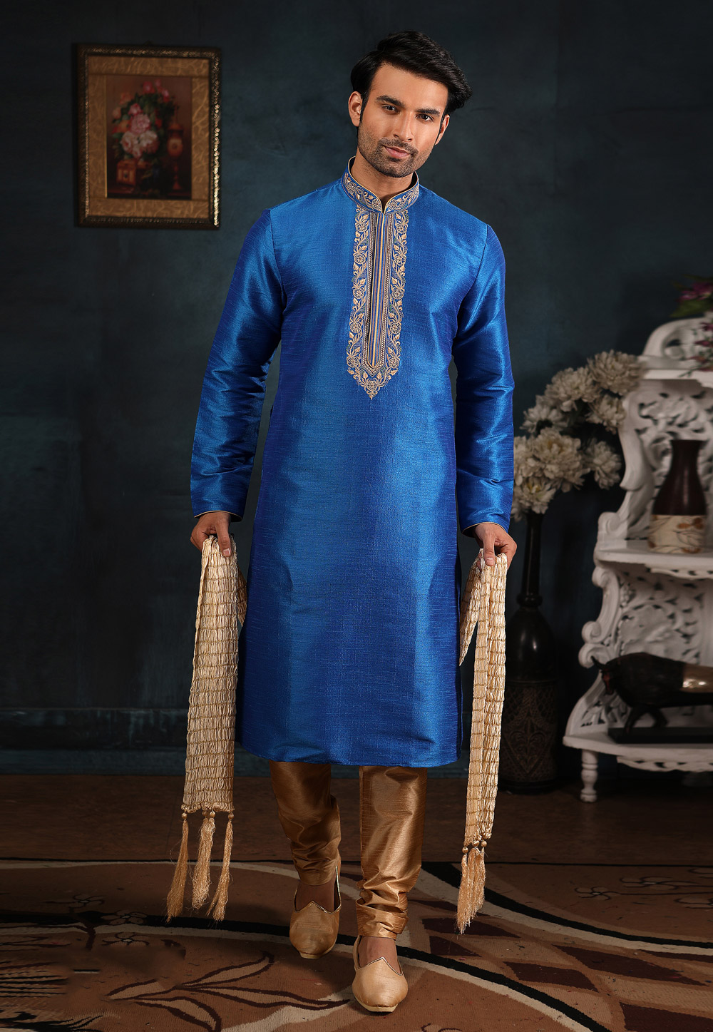 Blue Banarasi Silk Readymade Kurta Pajama 186583