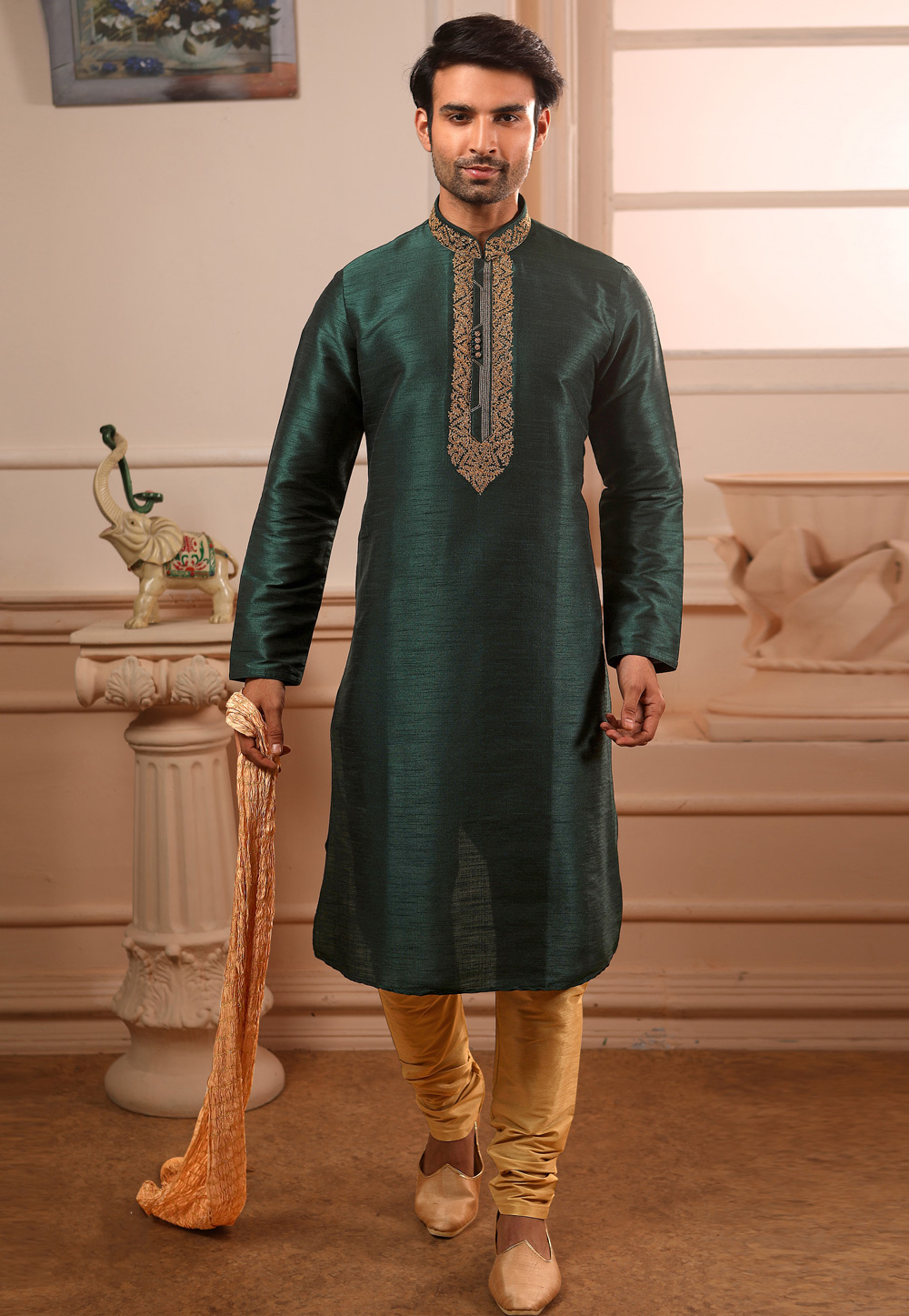 Green Banarasi Silk Readymade Kurta Pajama 186585
