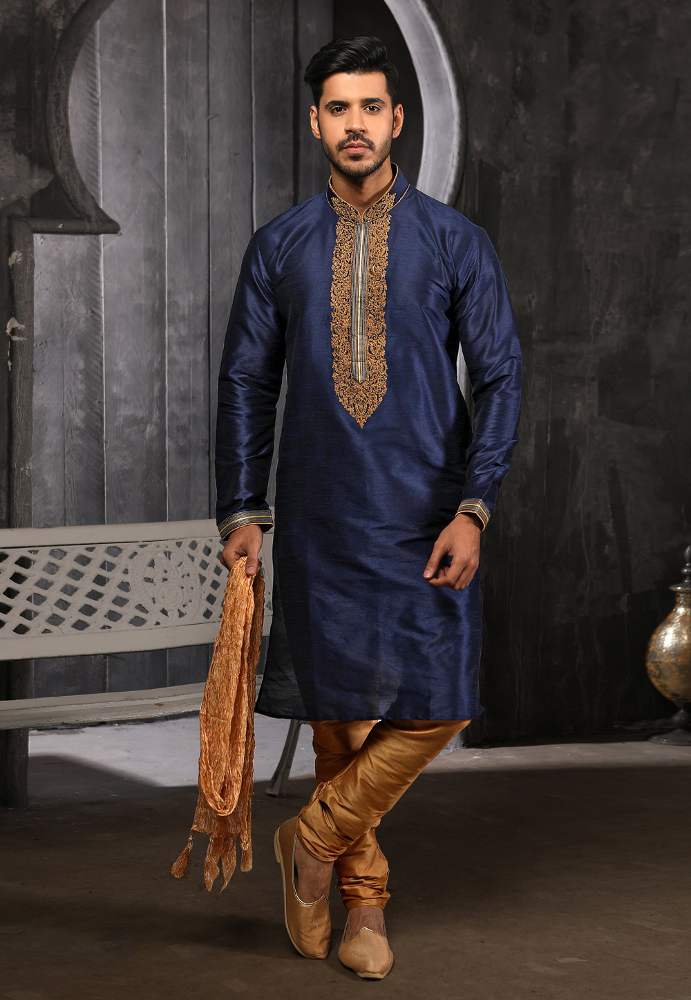 Navy Blue Banarasi Silk Readymade Kurta Pajama 186587