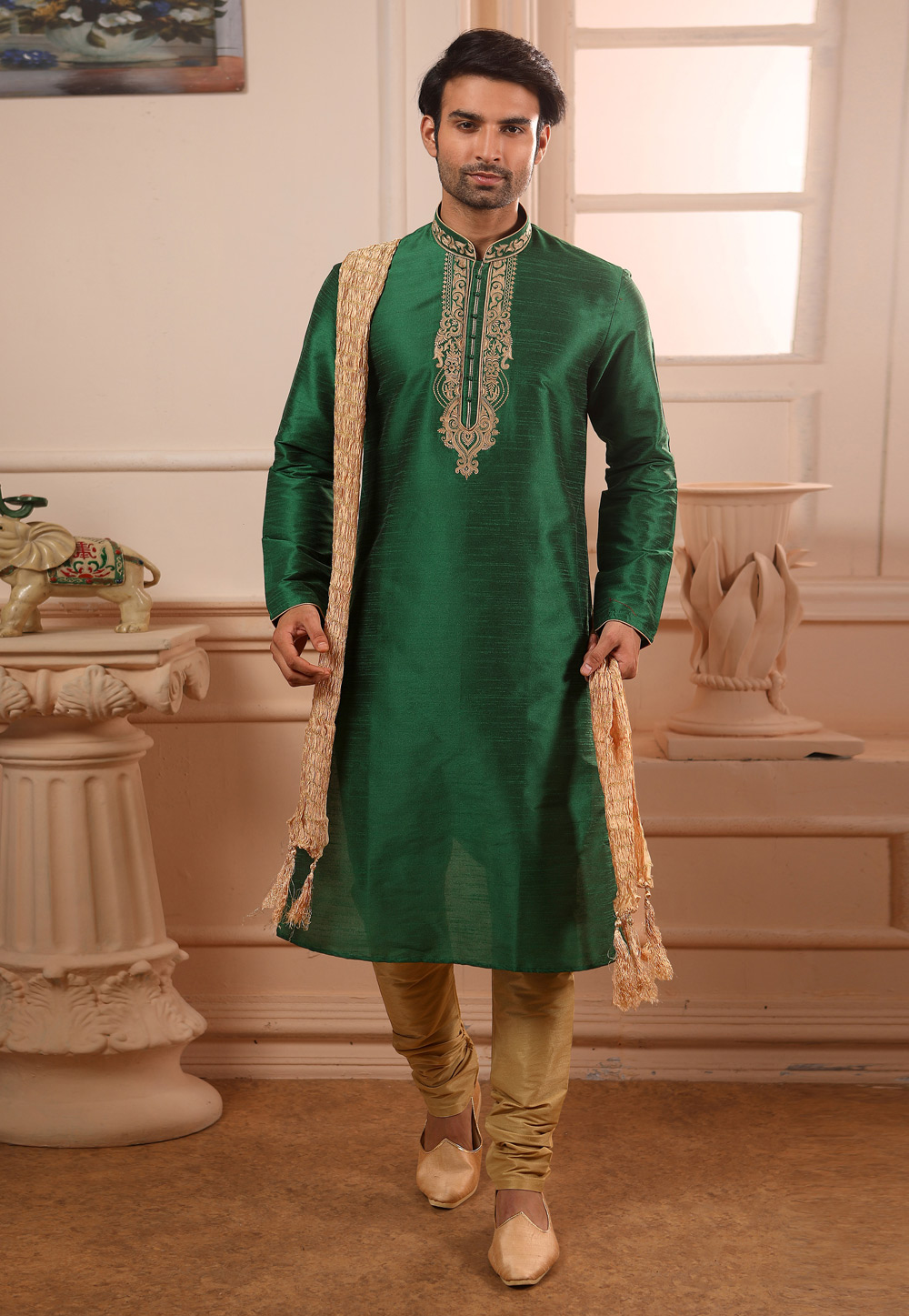 Green Banarasi Silk Readymade Kurta Pajama 186588
