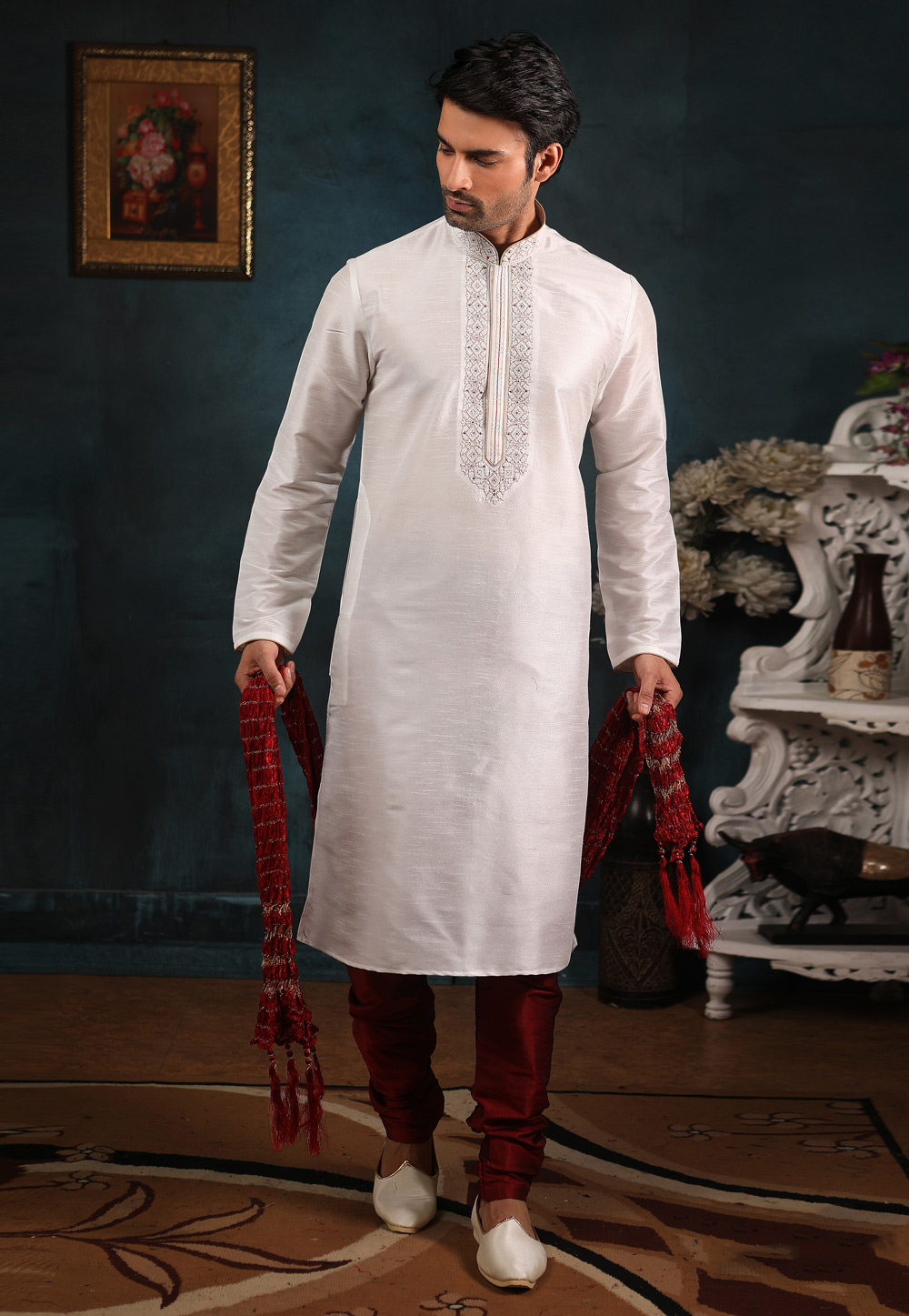 Off White Banarasi Silk Readymade Kurta Pajama 186781