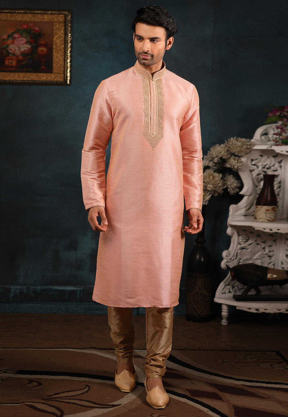 Peach Banarasi Silk Readymade Kurta Pajama 186782