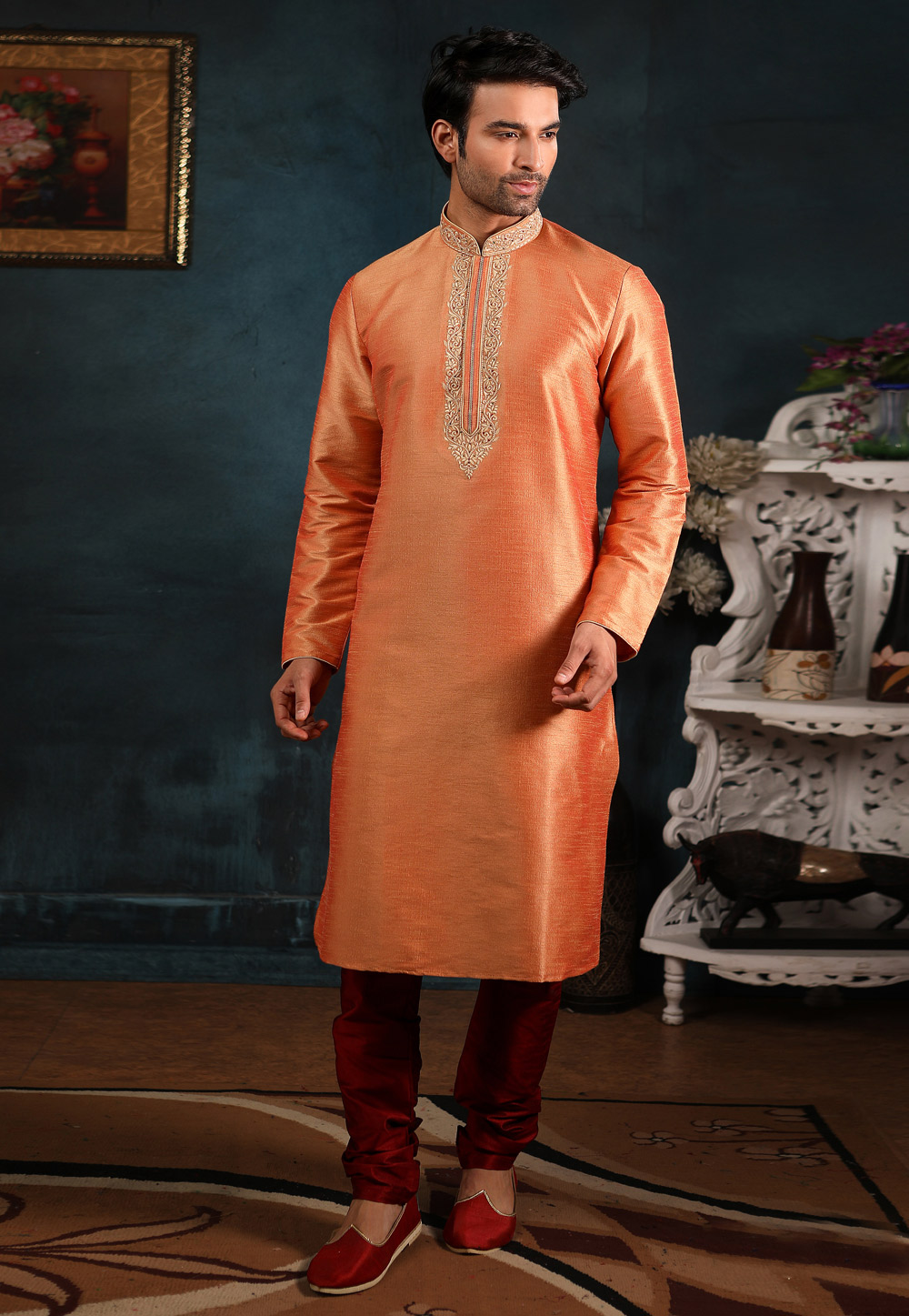 Orange Banarasi Silk Readymade Kurta Pajama 186783
