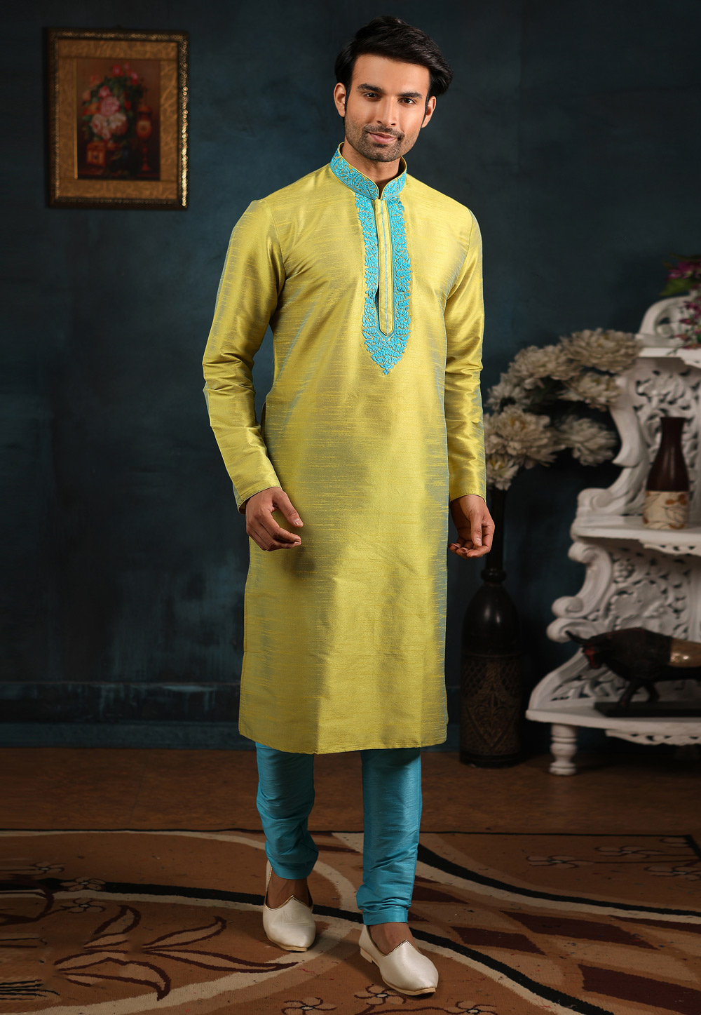 Green Banarasi Silk Readymade Kurta Pajama 186784