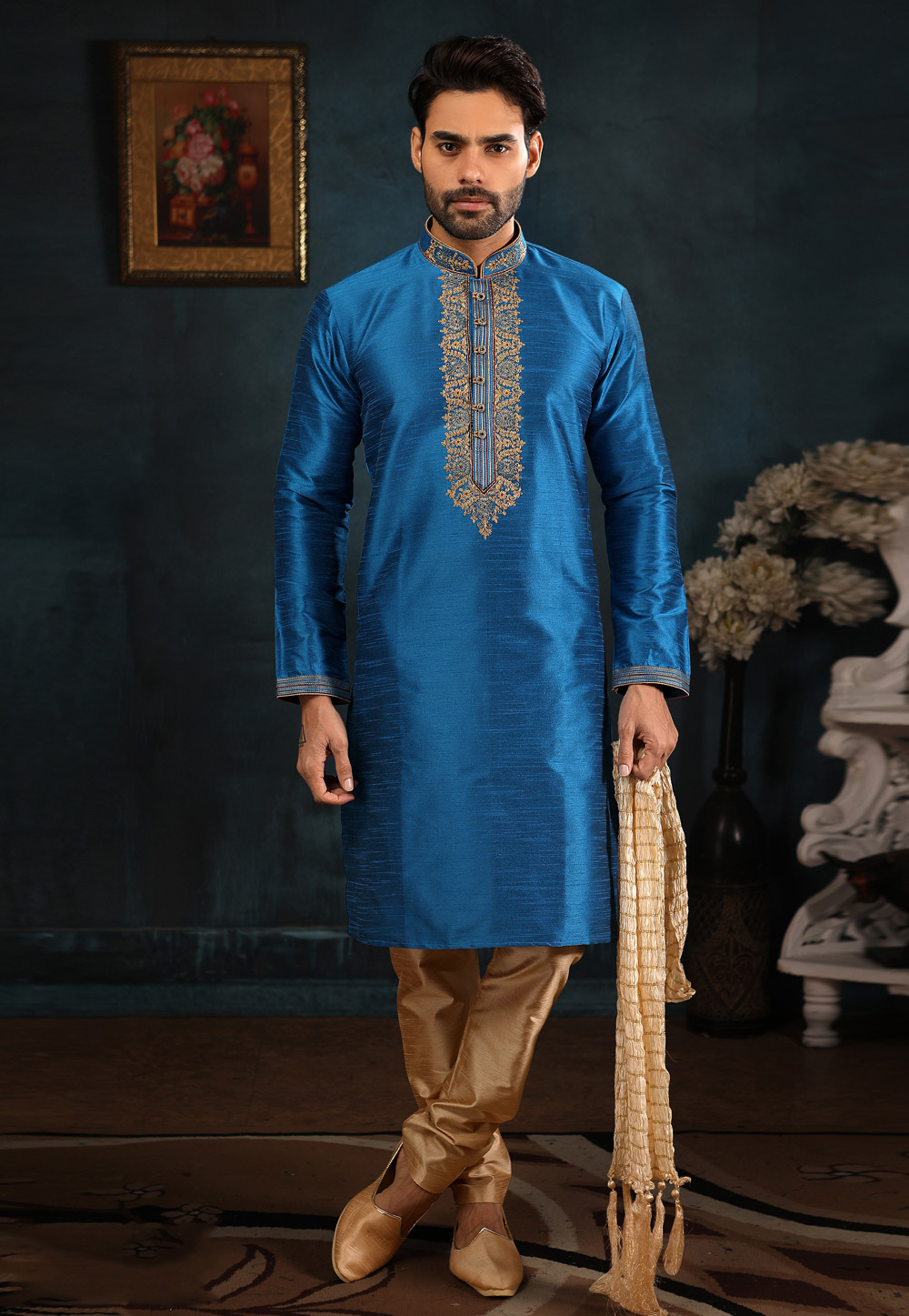 Blue Banarasi Silk Readymade Kurta Pajama 186788