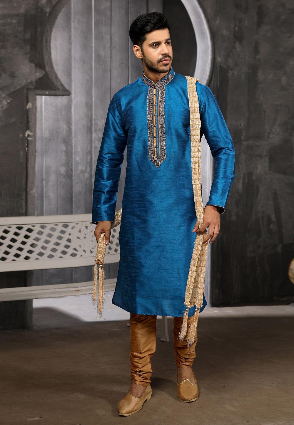 Blue Banarasi Silk Readymade Kurta Pajama 186791