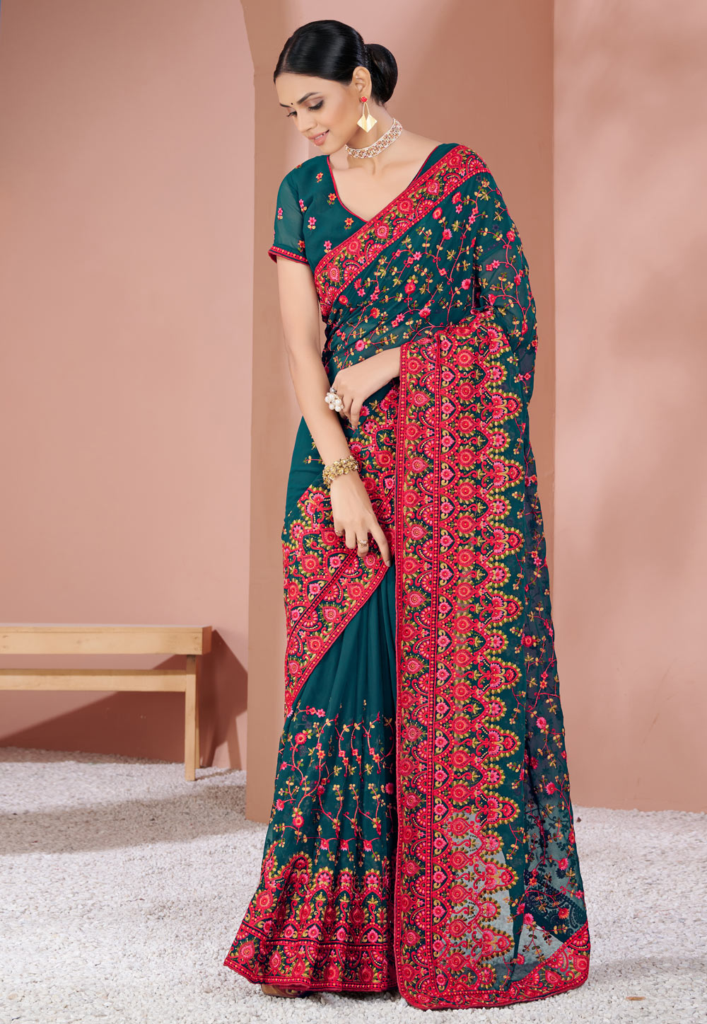 Teal Georgette Saree With Blouse 247571