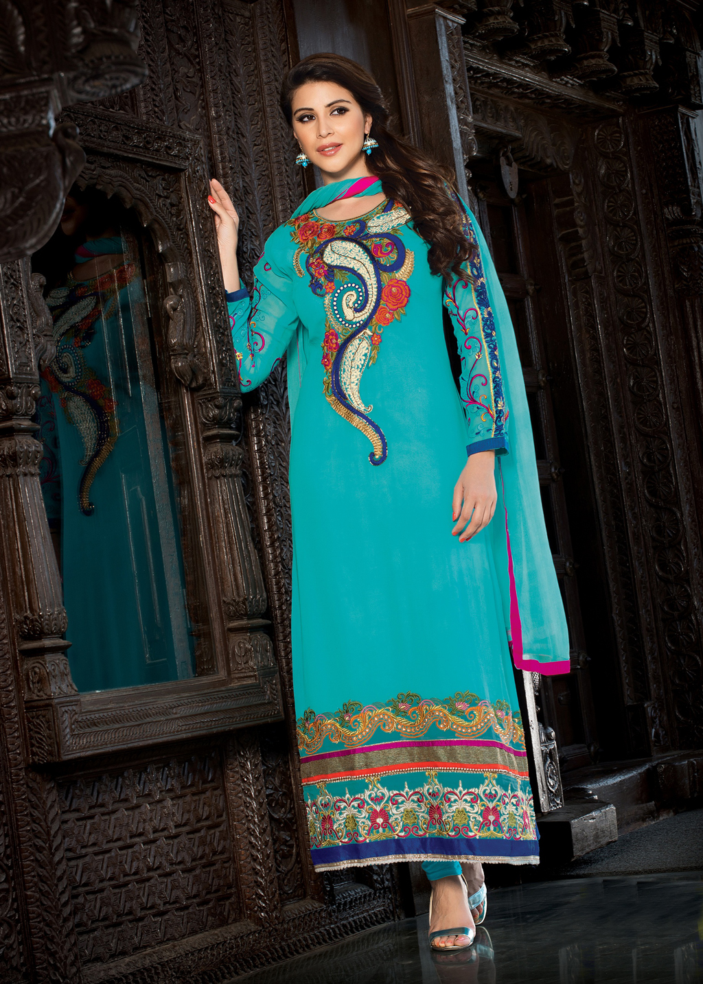 Aqua Semi Georgette Pakistani Style Suit 54604