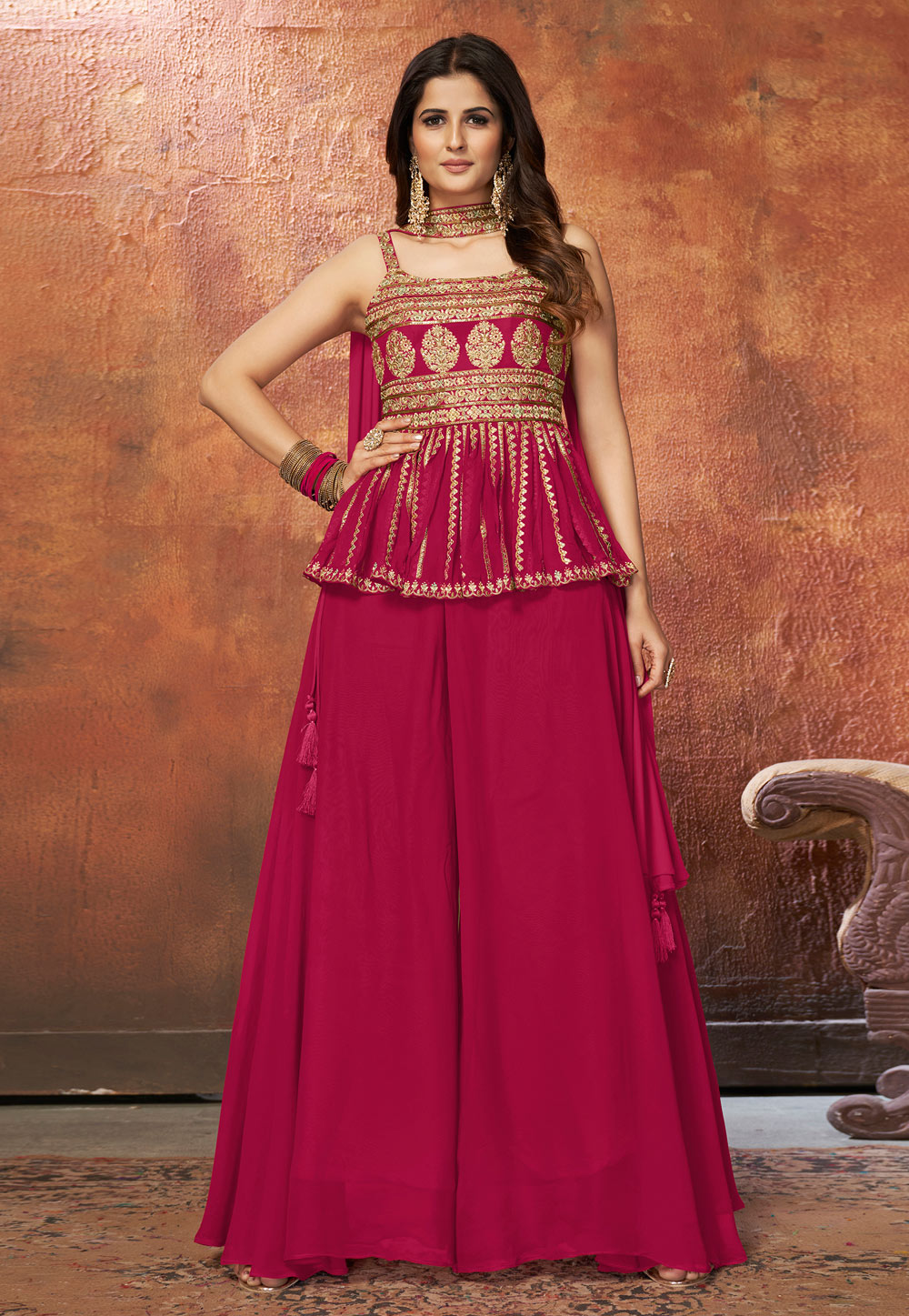 Magenta Georgette Readymade Palazzo Suit 240187