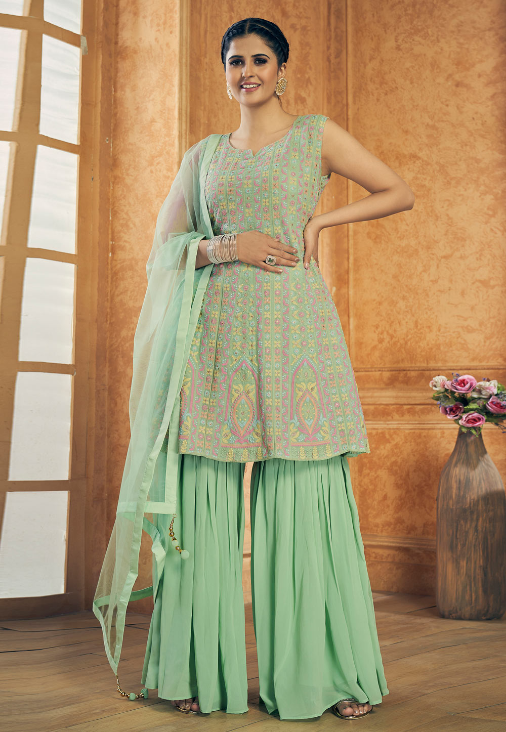 Pista Green Georgette Readymade Sharara Suit 240194