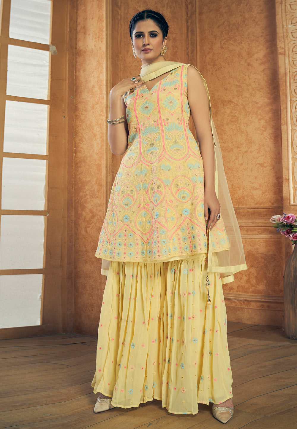 Yellow Georgette Readymade Sharara Suit 240195
