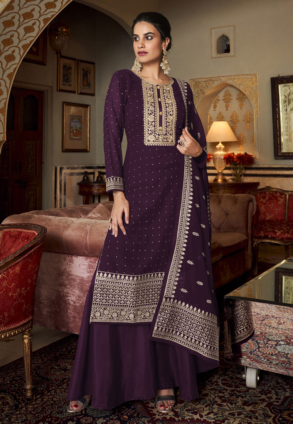 Purple Georgette Embroidered Palazzo Suit 250690