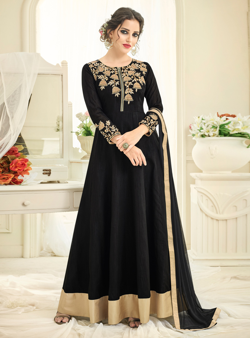 Black Taffeta Silk Readymade Long Anarkali Suit 105653