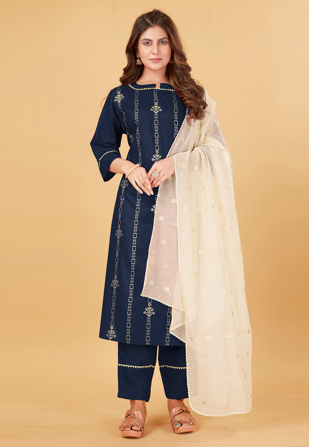 Navy Blue Cotton Readymade Pakistani Suit 266082