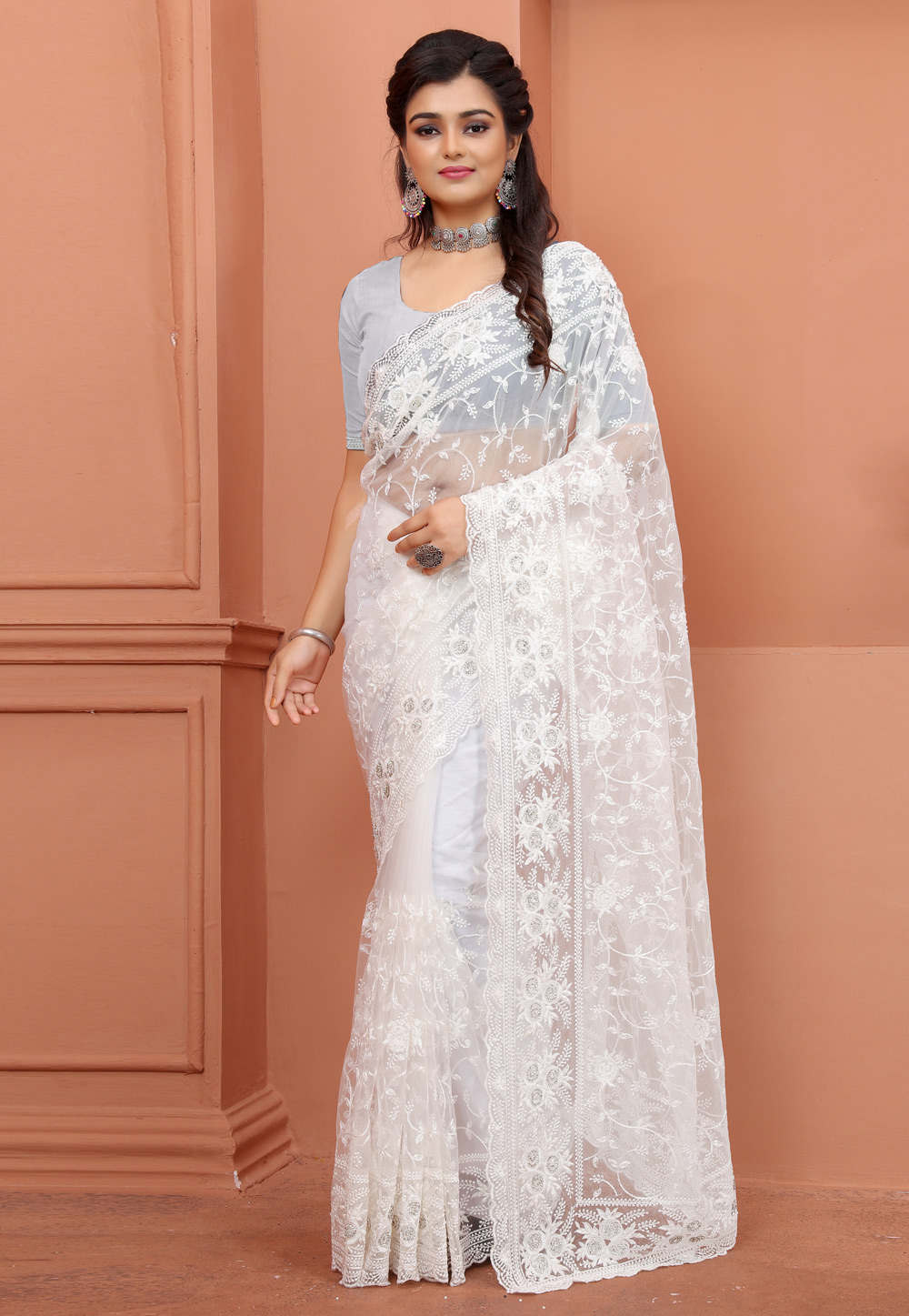 White Net Saree With Blouse 247816