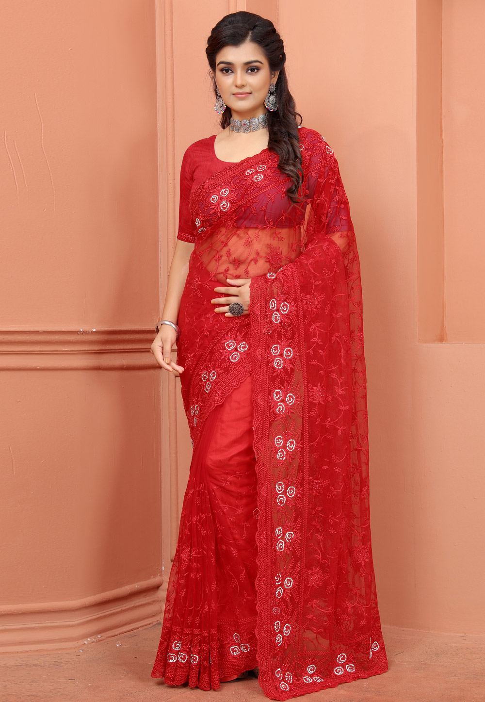 Red Net Saree With Blouse 247817