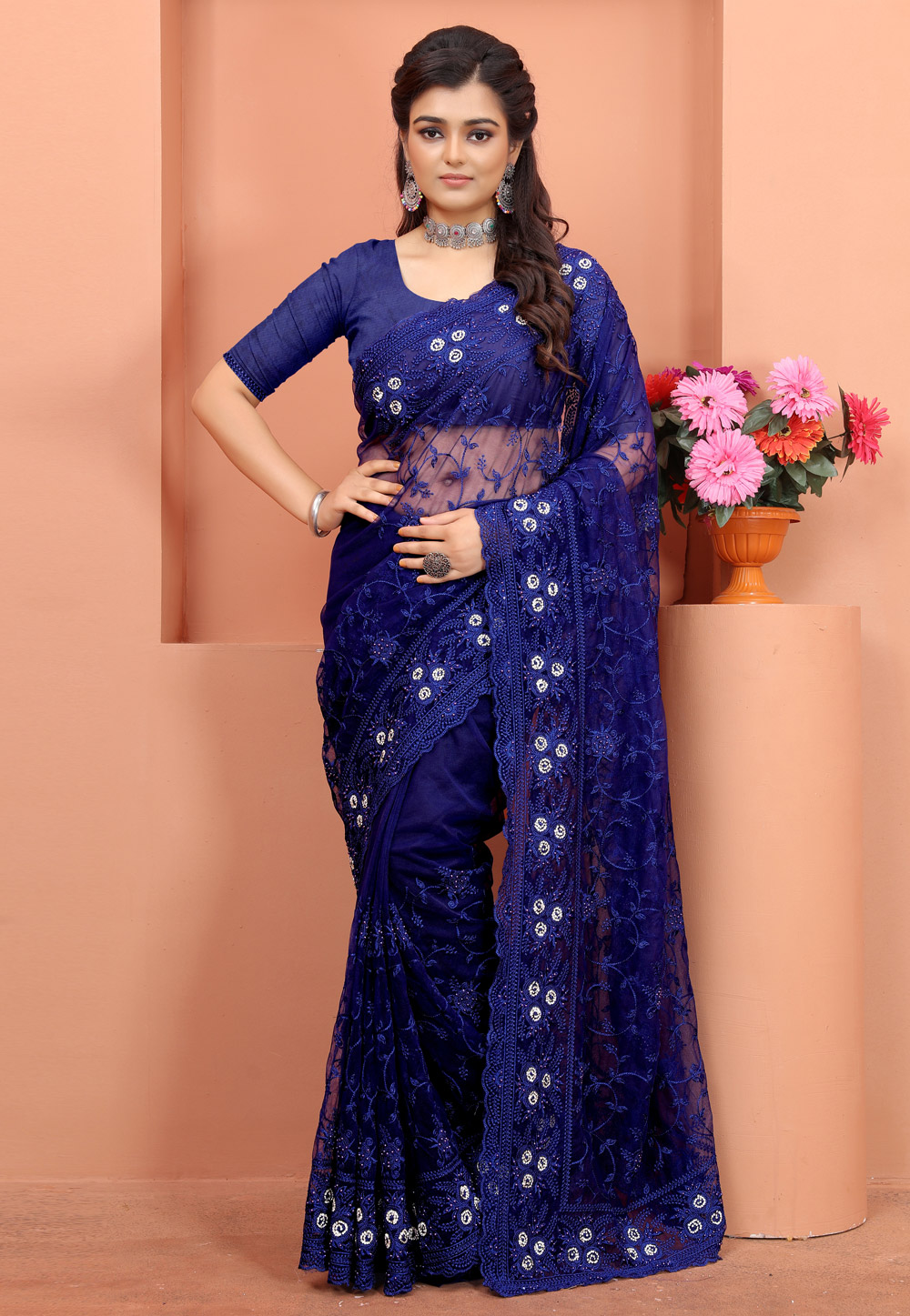 Blue Net Saree With Blouse 247818